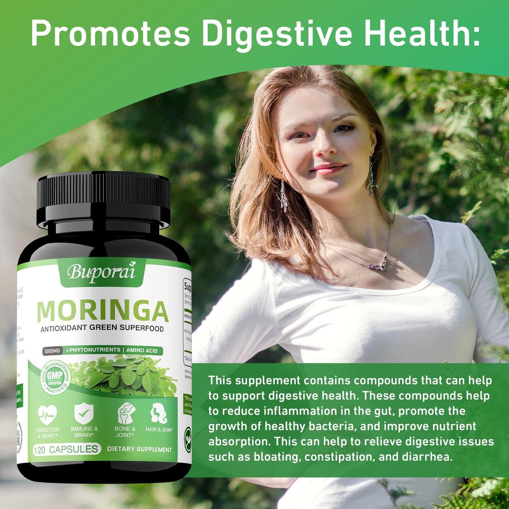 Cápsulas de folhas de moringa, 1000 mg por dose, antioxidante, melhora a saúde da pele e das articulações, adequado para adultos.