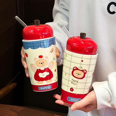 Red Apple Bear Ceramic Mug High Precision Cute Large Capacity Water Cup Female Holiday Gift Straw Cup