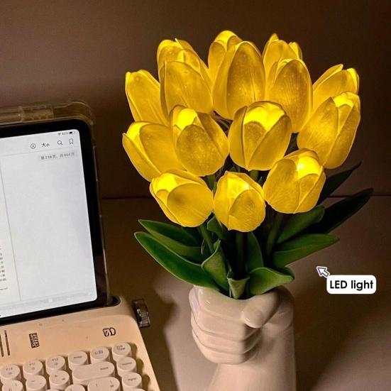 LED-beleuchtete künstliche Tulpenblumenlampe Real Touch Fälschung Tulpenstrauß Nachtlicht mit Band für Valentinstag Ostern Heimküche Hochzeitsdekoration