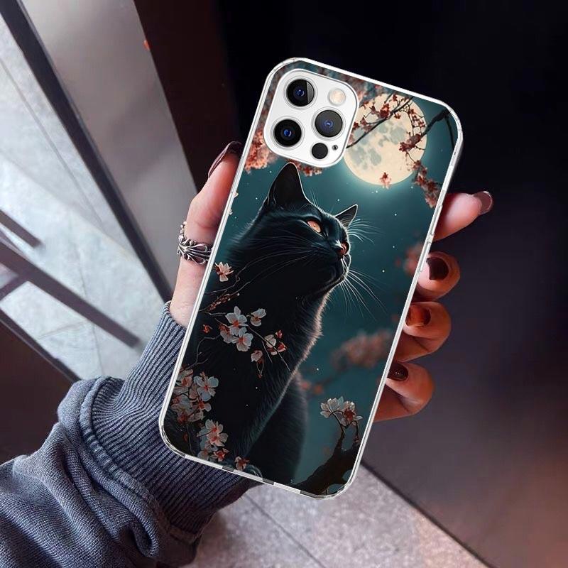 Cartoon Cute Black Cat Phone Case For iPhone 17 Air 16 15 Pro Max 14 Plus 13 Mini 12 11 Cover 7 8 SE Silicone Shell Print Fundas