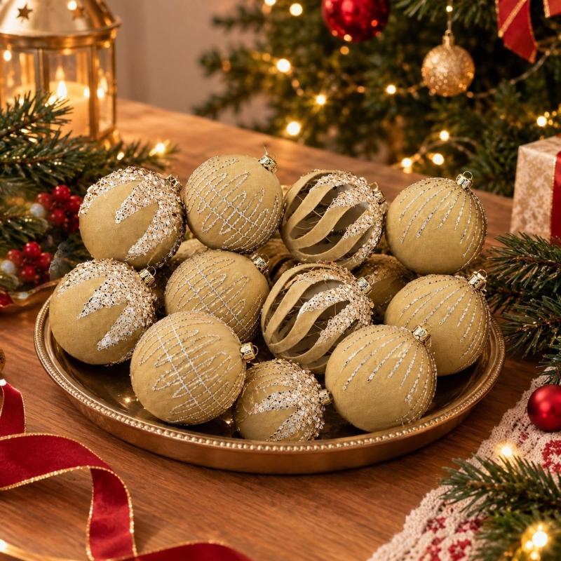 12-Piece Christmas Bauble Set, Soft-Texture Ball Decorations with Decorative Motifs and Top Rings for Holiday Tree Displays
