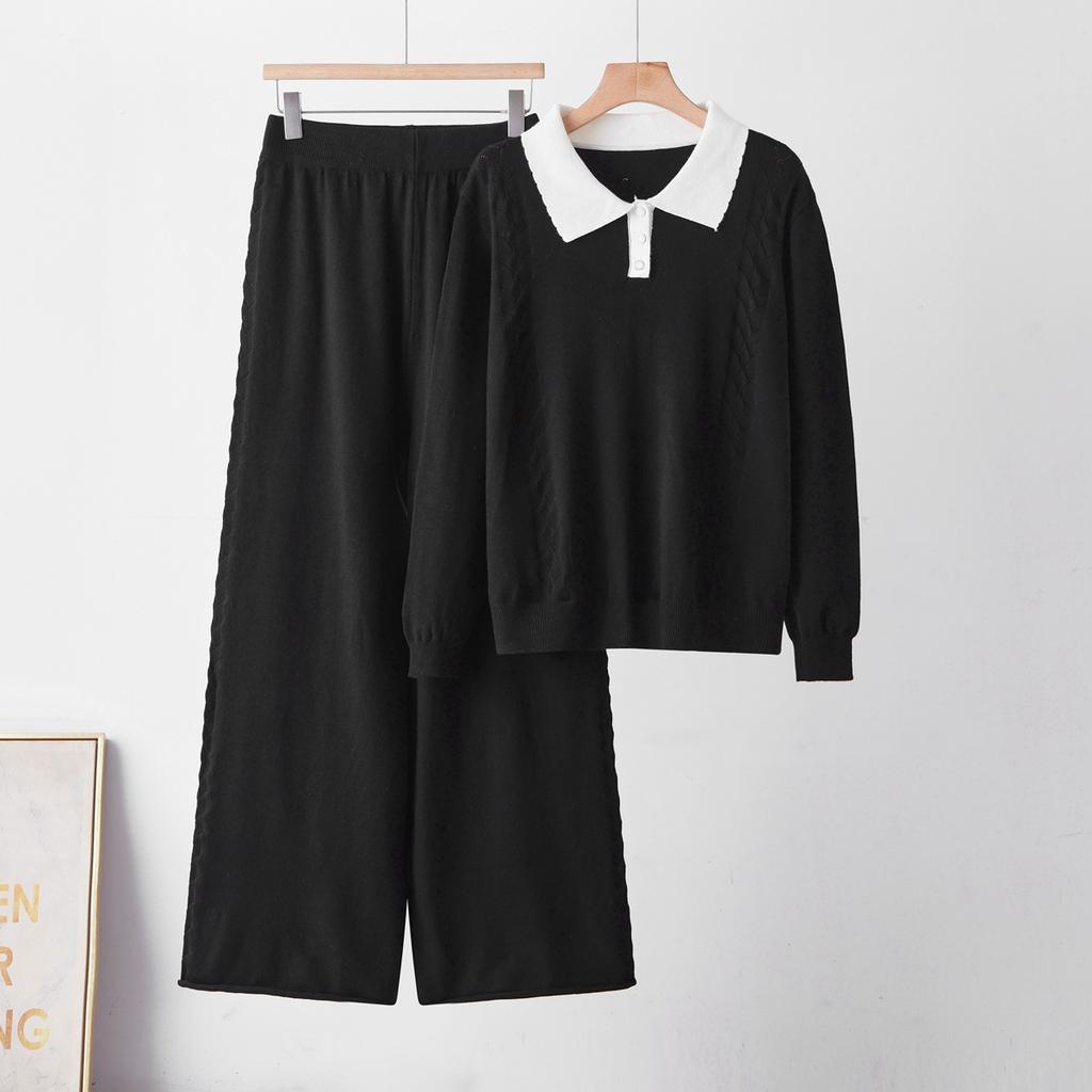 Cross-border European and American fashion knit two-piece set: polo collar sweater + loose casual pants set, woolen knit set, thick for women