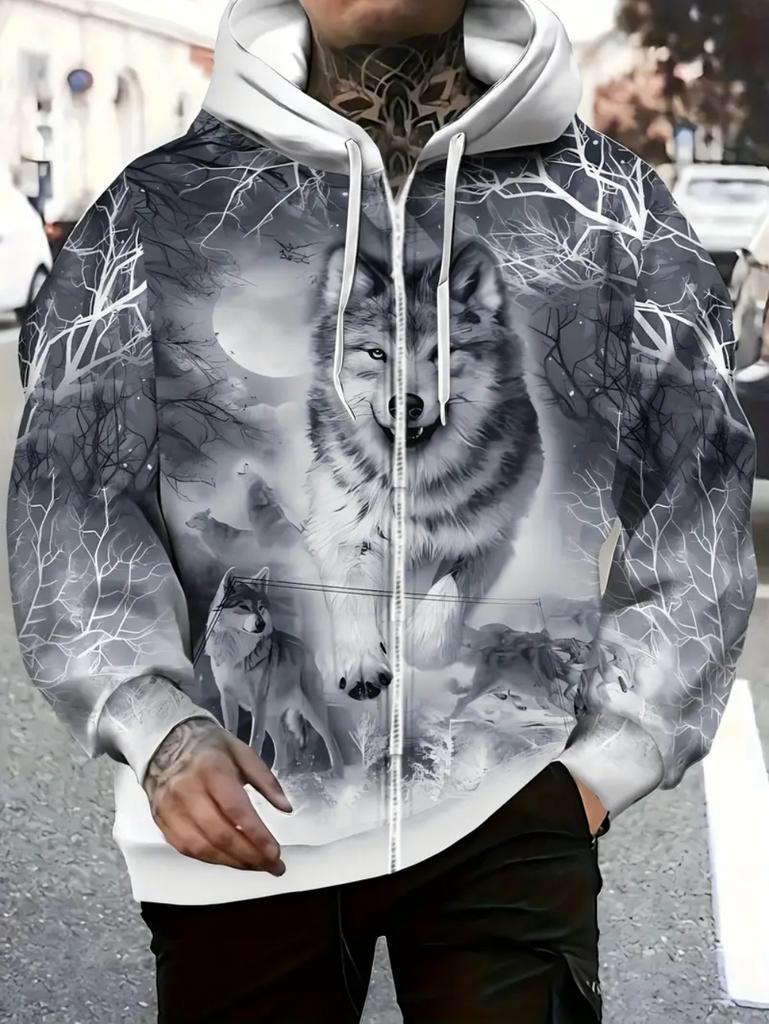 Mens Full Zip Hooded Wolf Graphic Drawstring Hood Side Pockets Lightweight Outerwear Sports Gym Long Sleeve Oversize Sweatshirt