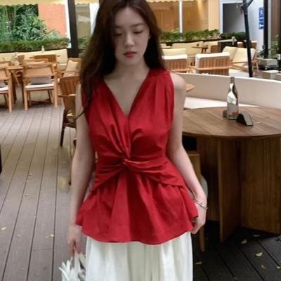 Solid Color Women's Vest Korean Style Slim Fit V-neck Twisted Design Female Sleeveless Camis Summer New Trend Casual Chic Ladies Top