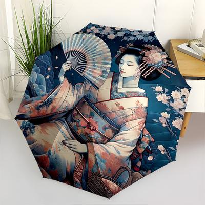 Cherry Blossom Geisha Themed Automatic Opening and Closing Umbrella, Brightly Colored 8 Rib Portable Umbrella, Suitable for Men and Women, A