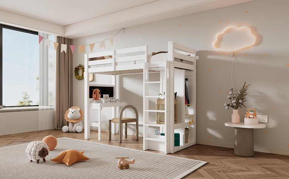(=AB30624901W)Letto a soppalco per bambini, Scrivania, Armadio aperto e Scaffali, Struttura a doghe e Protezione anticaduta, Superficie di riposo 90x200cm, Bianco (senza materasso)