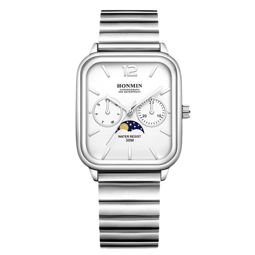 RORIOS Square Analog Watch with and Star Date and Day Watch with Stainless Steel Popular for and Job White Men's Sun, Moon, Display, Display,