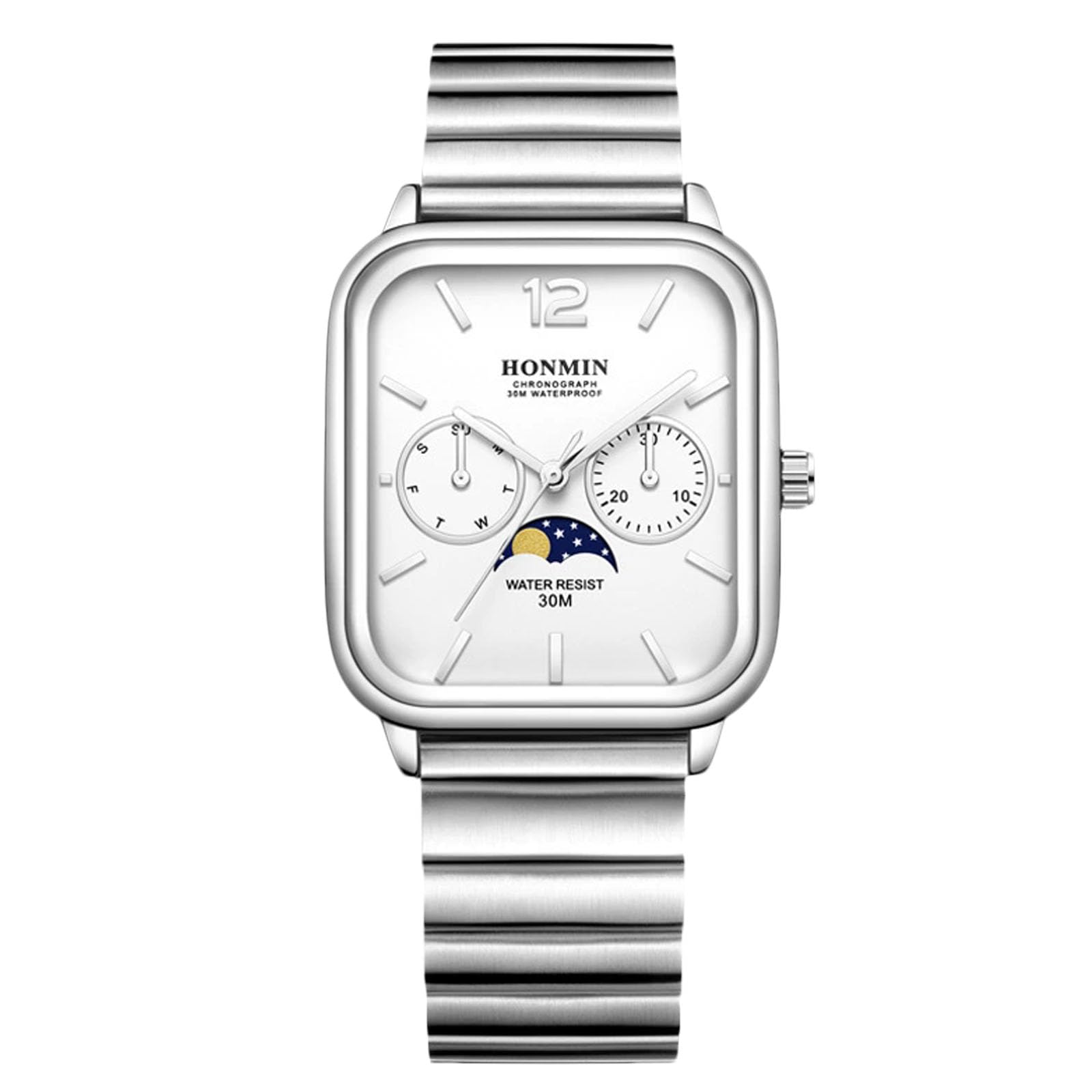 

RORIOS Square Analog Watch with and Star Date and Day Watch with Stainless Steel Popular for and Job White Men s Sun, Moon, Display, Display, белый