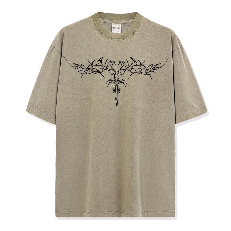 Loose Fit Washed Pure Cotton T-Shirt with Chest Tattoo Print