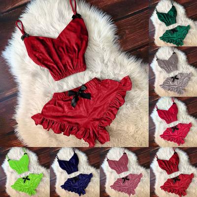 Women V Neck Velvet Two Piece Pajama Set Adjustable Straps Elastic Waistband Ruffled Hem Bow Detail Soft Fabric Sleepwear
