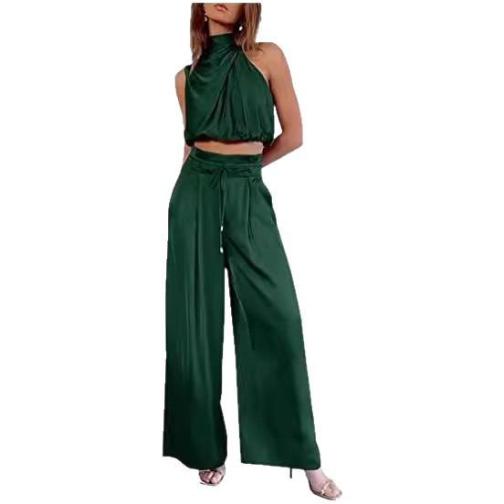 Damen Ärmelloses Stehkragen Crop Top & Weitbein Hose Set