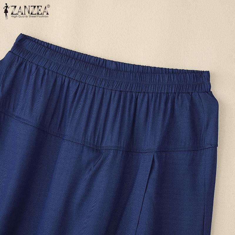 ZANZEA Women Casual Elastic Waist Solid Color Loose Capri Pants