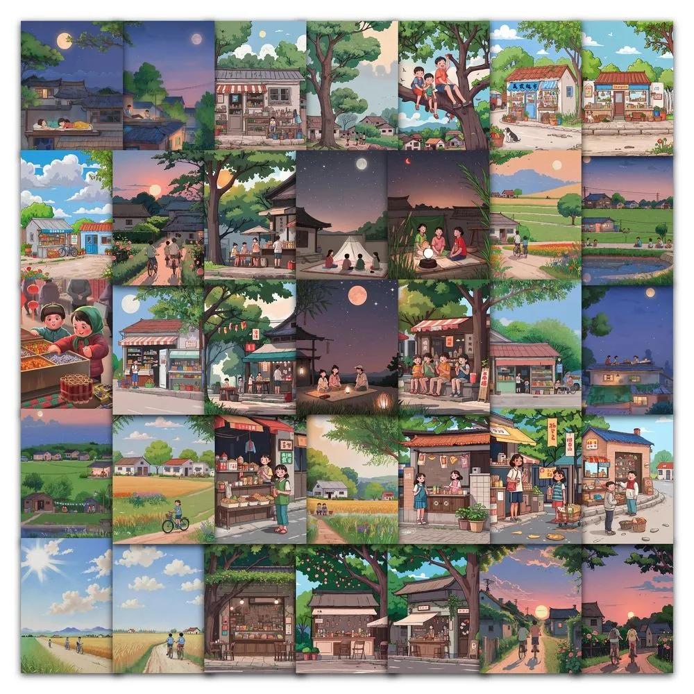 60PCS Cartoon The Beautiful Scenery of My Hometown During Childhood Graffiti Stickers for Bicycle Hand Account Pencil Case