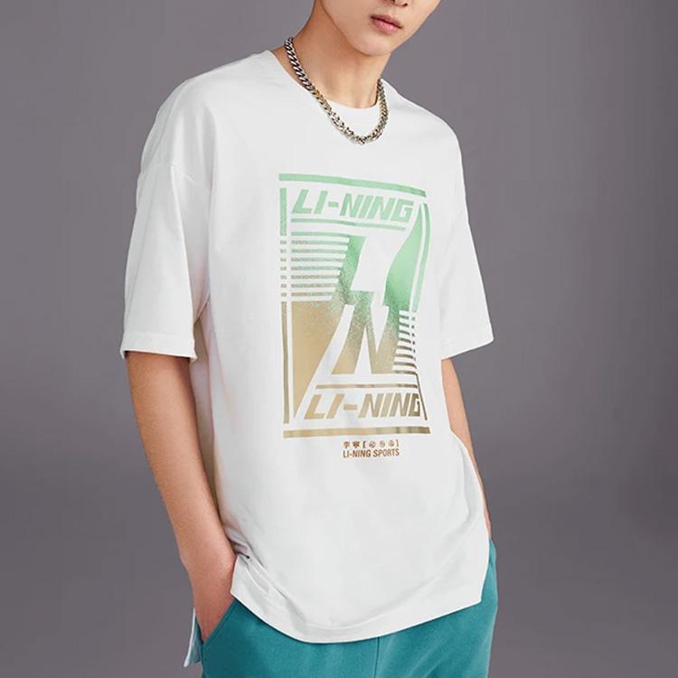 Li Ning Pattern Printed Loose Round Neck Short Sleeve T-Shirt Men Tops White AHSS127-1