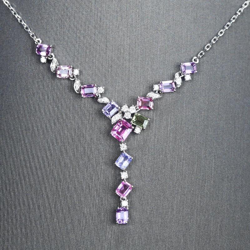 Light Luxury Design Simulation Papalacha Sapphire Colored Treasure Necklace, Lavender Purple Pink Diamond Tourmaline Set Chain For Women