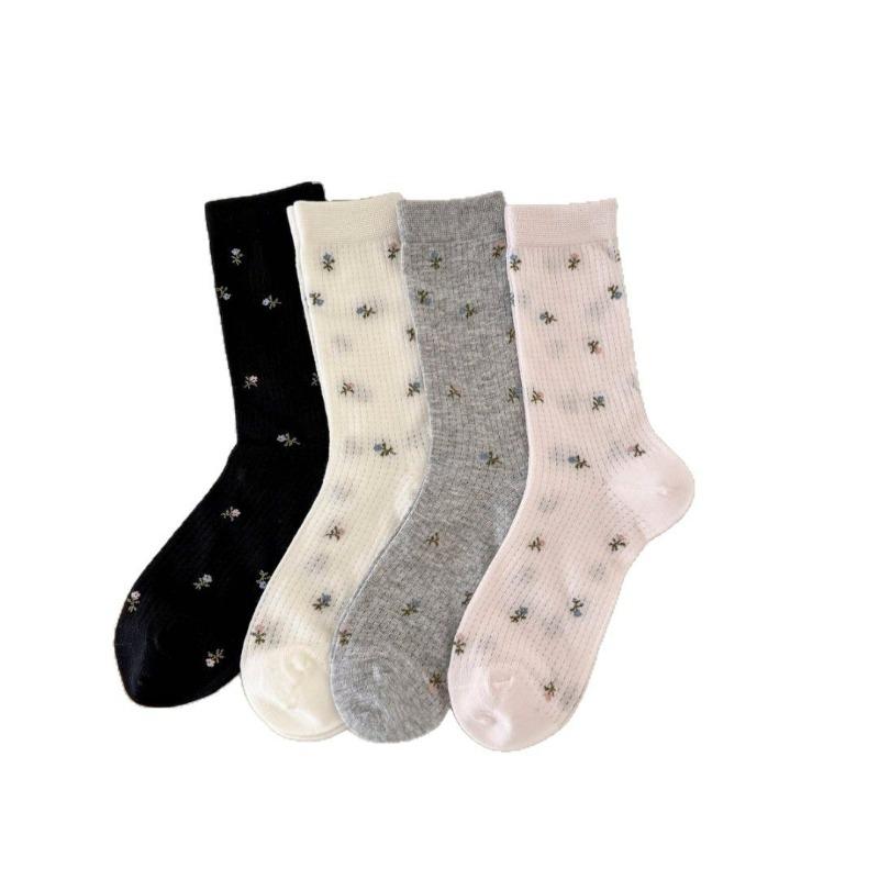 Female Spring and Summer New Cotton Broken Flowers Breathable Deodorant Wicker Boneless Tube Socks