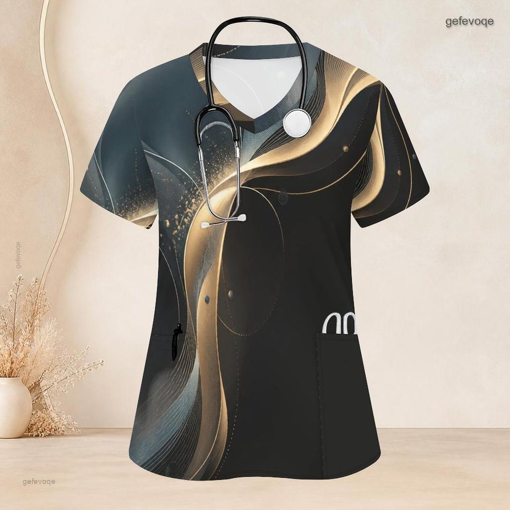 Women Plus Size Abstract Printed Nurse Scrub Top V Neck Short Sleeve Front Pockets Black Gray Yellow