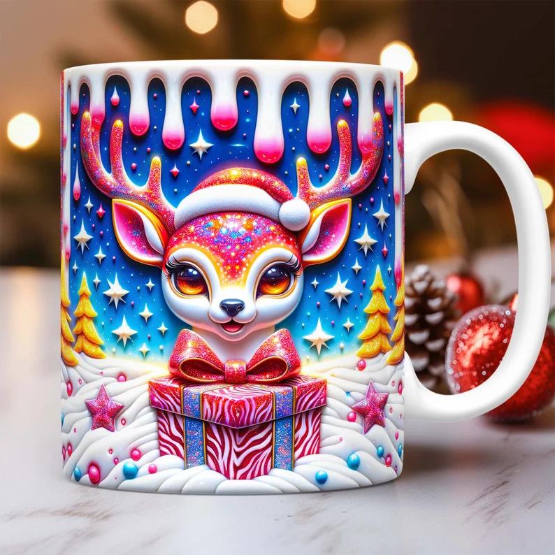 3D Christmas Gift Christmas Reindeer Baby Deer Ceramic Coffee Mug Tea Cup