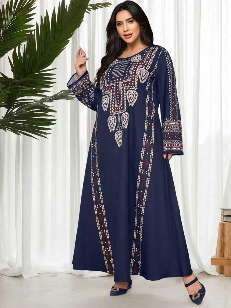 Middle Eastern Ethnic Style Navy Blue Plus Size Long Dress with Long Sleeves