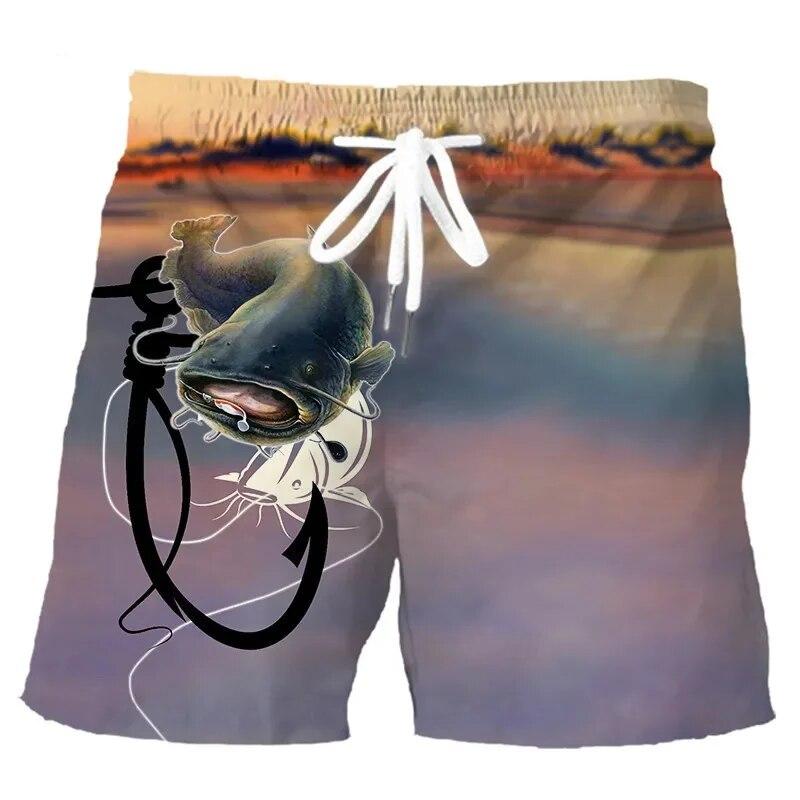 Men's Fishing Shorts Summer 3d Fish Printed Beach Fashion Casual Mens Shorts Men's Comfortable and Breathable Drawstring Shorts