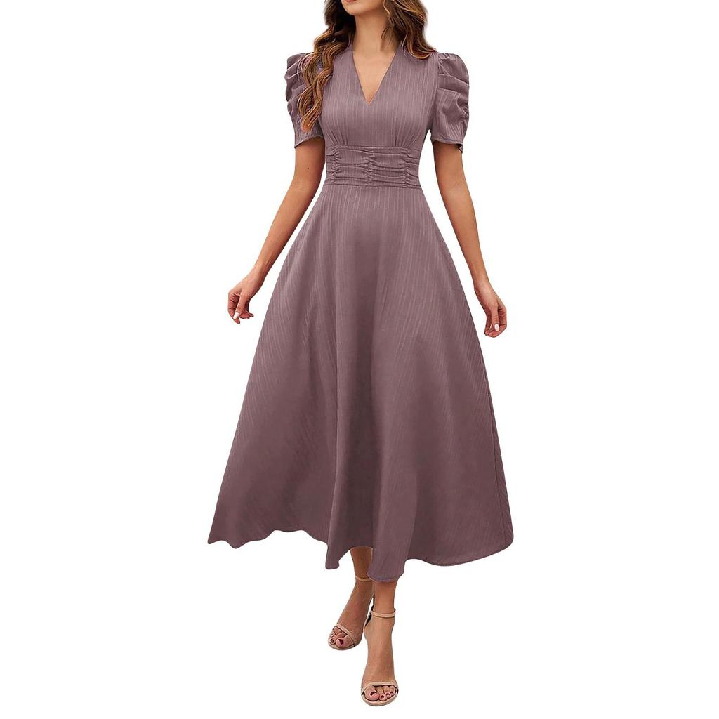 2026 Spring Summer Women's High Waist Solid Color Waist-Cinching Short Sleeve Dress