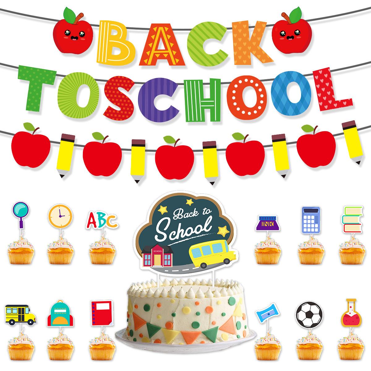 

School Season Party Decoration Back To School Apple Pencil Flag Latte Cake Set School Season Combination Set 7 [4-piece set]
