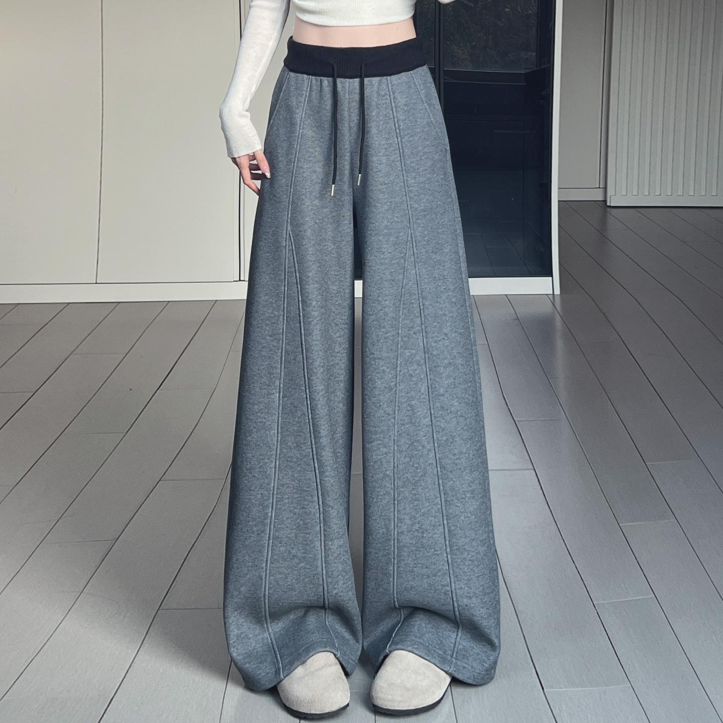 Women s Winter Gray Contrast Curved Leg Plus Velvet Wool Wide Leg Casual Pants L