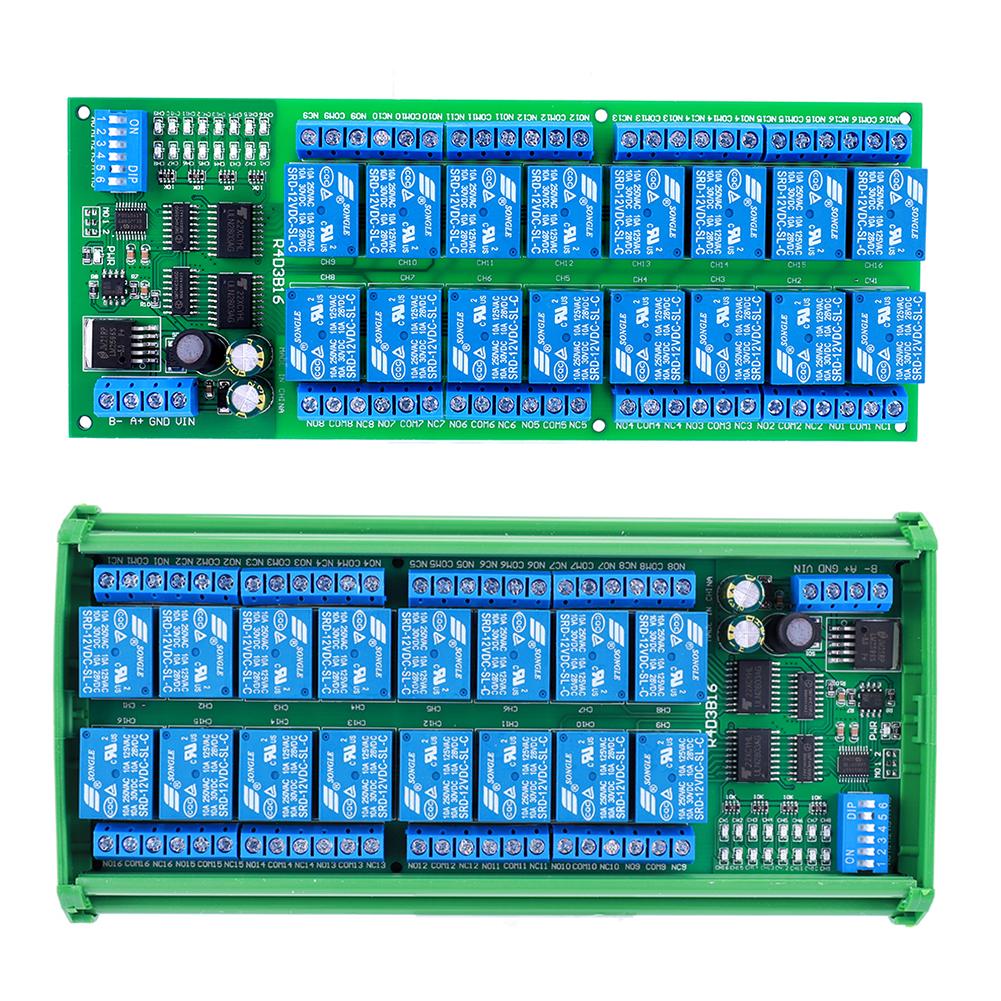 16 Channel DC 12V RS485 Relay Module Modbus RTU PLC Controller Serial Port Switch for PLC PTZ Camera Motor LED