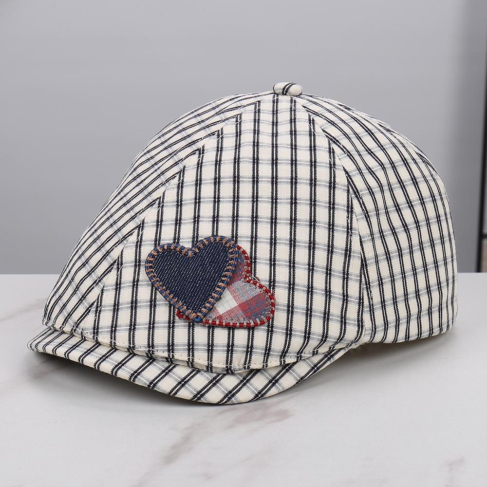 Spring Summer Plaid Forward Cap Women Heart Patch Fashion All-match Face Slimming Casual Painter Duckbill Hat