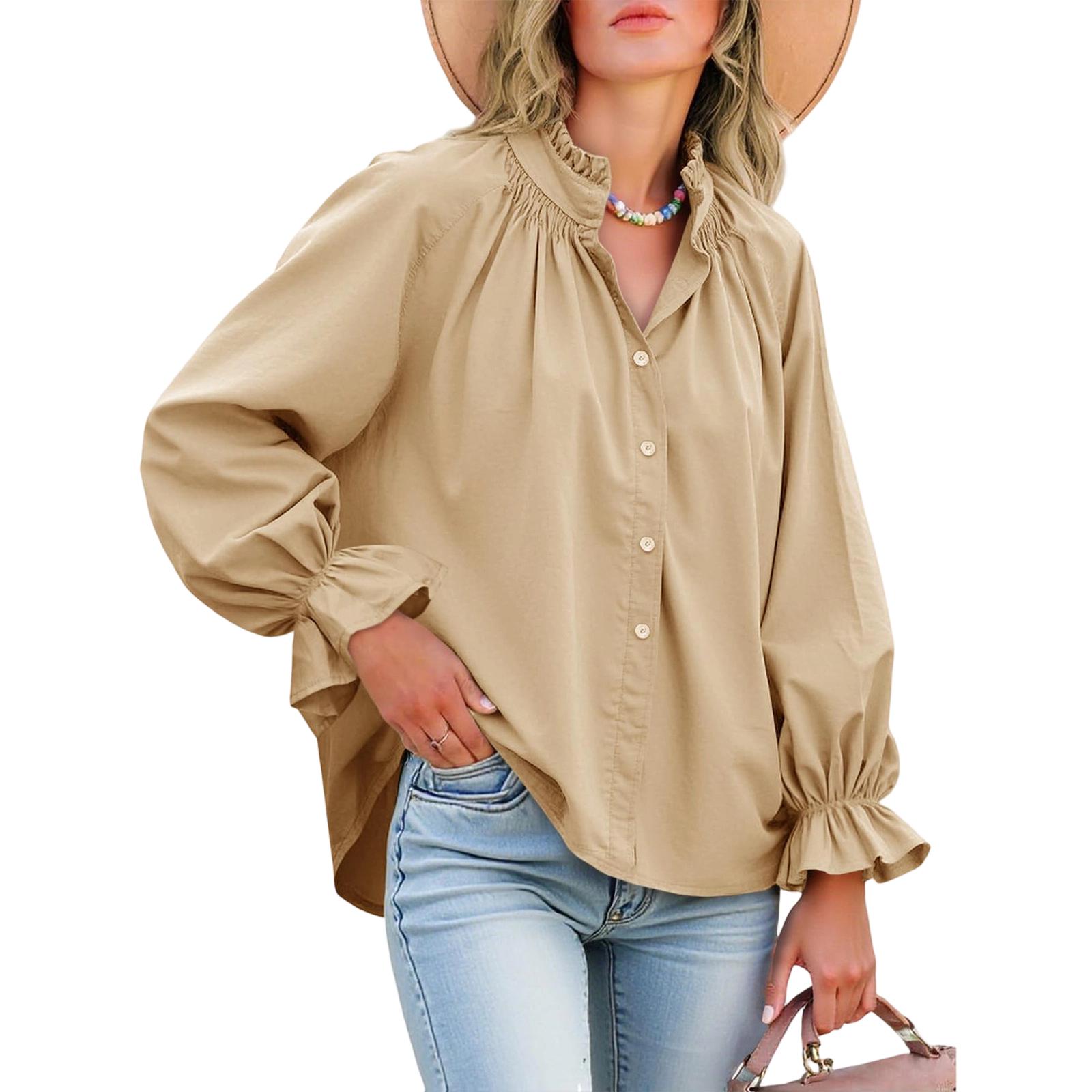 Loose Fit Casual Blouse Lantern Sleeve Shirt V Neck Ruffle Trim Button Down Top for Women S хаки