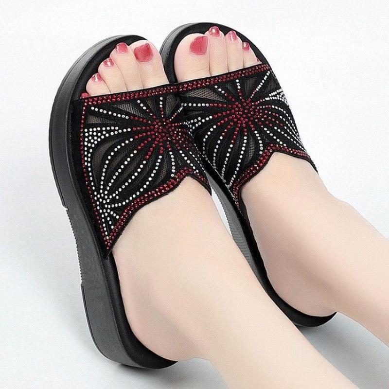 Slippers Women's Summer Model Mother Model Sandals Wear Non-slip Soft Bottom Rhinestone Middle-aged Slope Heel Medium Heel Large Size European and Ame