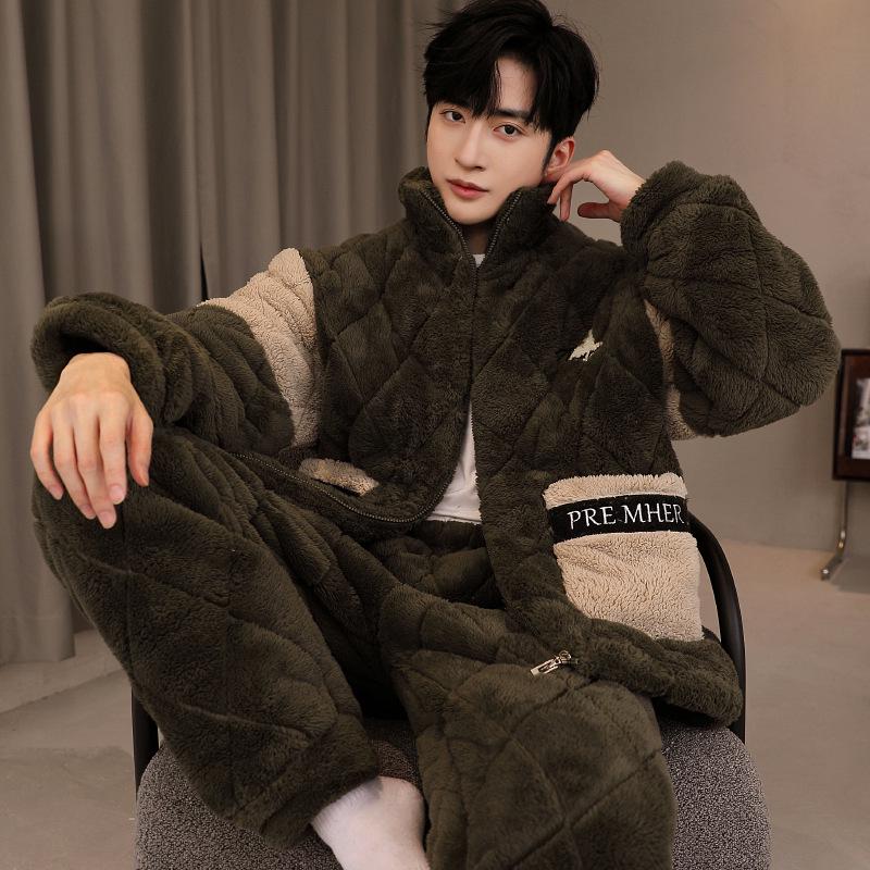 Men's Three-Layer Thickened Cotton Winter Pajamas - Warm, Simple, Luxury, and Suitable for Indoors and Outdoors.