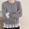 Red lace splicing sweater women's autumn and winter design waist knitted cardigan small short top