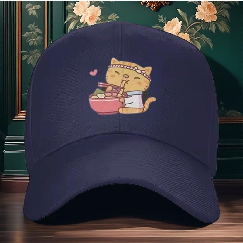 Cute Cat Eating Noodles Trucker Hat Adjustable Snapback Cap Casual Outdoor Anime Style