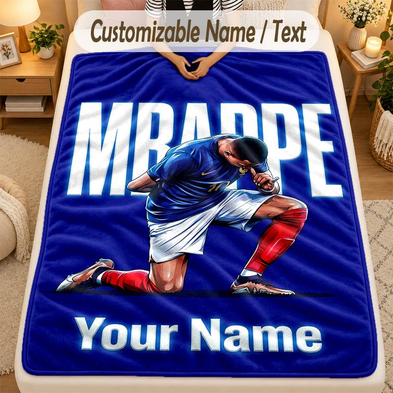 Flannel BlanketKylian Mbappe Custom Name Text Personalized Soft Warm Throw Blanket Home Decor Gift