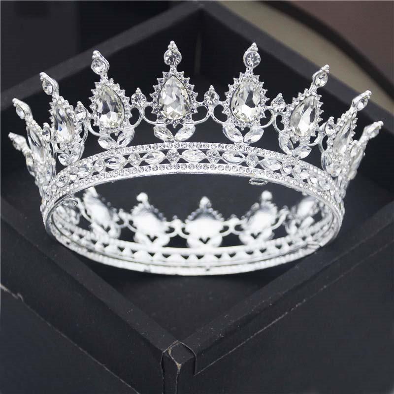 Teardrop Rhinestone Circle Princess Round Metal Crown Queen King Birthday Cake Tiaras Hair Jewelry Party Wedding Head Ornaments