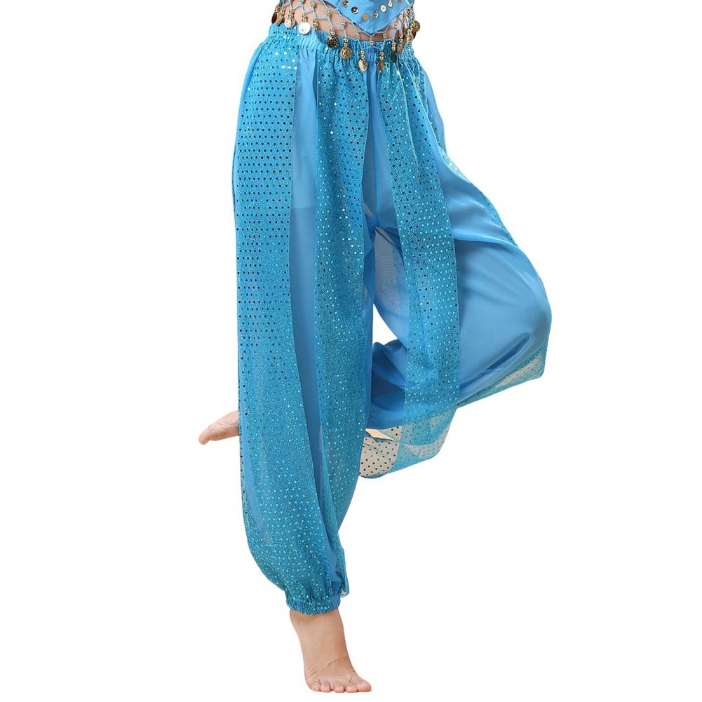 Damen Performance-Hose, elastische hohe Taille, einfarbige Pumphose mit Paillettendekor, Volkstanz, Bauchtanz-Kostümhose für Erwachsene