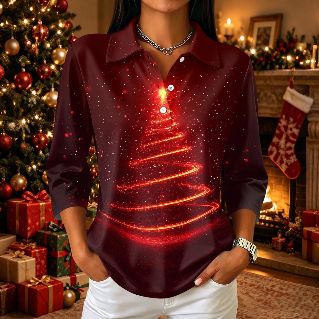 Women's Casual Christmas Print Button-Up Three-Quarter Sleeve Lapel Top