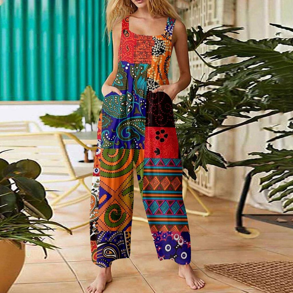 Women's Casual Straight Jumpsuit Sleeveless Bohemian Printed Jumpsuit
