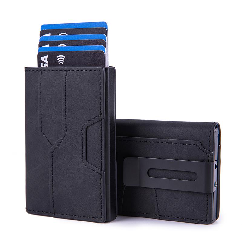 Luxury Men RFID Blocking Card Holder Smart Wallet Carbon Fiber Minimalist Bifold Pop Up Aluminum Credit Card Case with ID Window