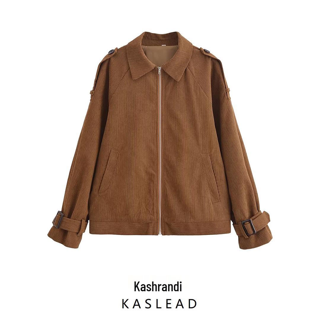 

2024 Autumn Women s European & American Style Corduroy Long Sleeve Jacket with Strap Decoration Small коричневий