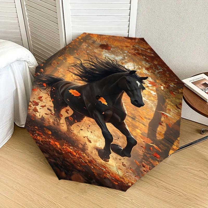 Autumn Leaf Horse Design Automatic Opening/Closing Umbrella with Foldable Design, , Travelers, Daily Use, Gift Suitable for All Occasions112