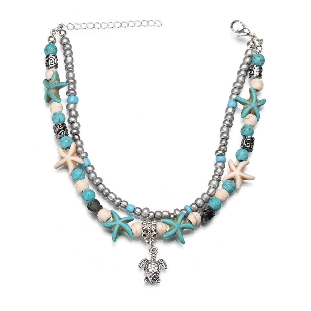 European & American Conch Rice Beads Anklet with Turtle, Starfish & Pearl Pendants