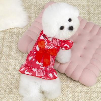Dog Dress with Red Ribbon Bow Love Heart Print Flying Sleeves Ruffle Hem Dress Pet Costume Outfit Apparel for Small Dogs Cats