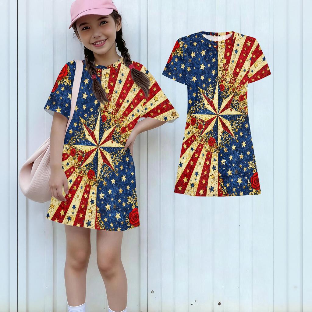 Girls Independence Day Print Casual Dress Kids Loose Round Neck Short Sleeve Thin Sundress
