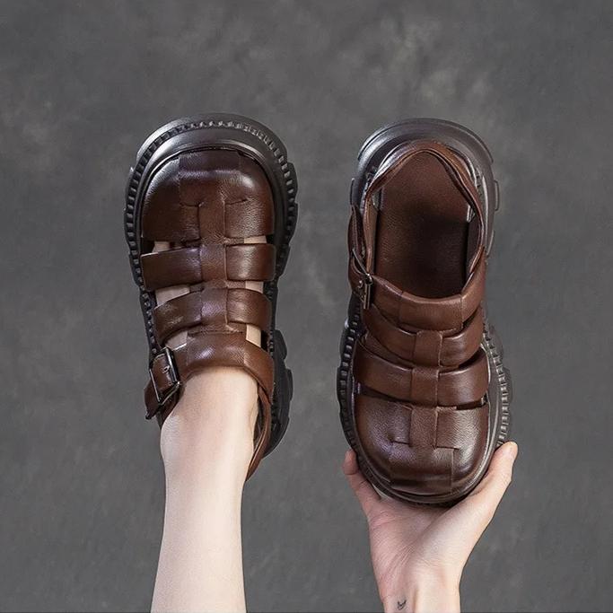Johnature Round Toe Woven Breathable Hollow-out Thick Soled Sandals Casual Versatile Women's Platform Shoes