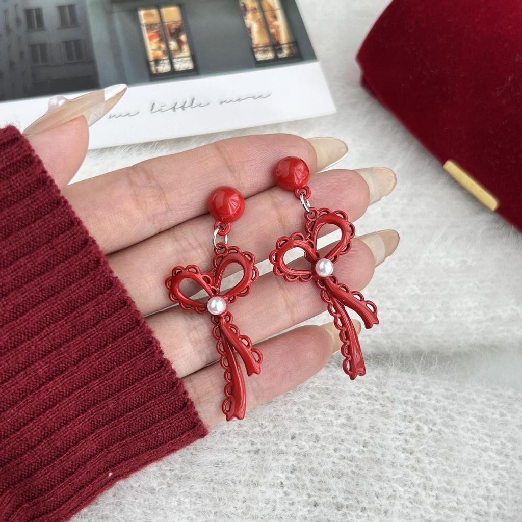 Red Bow Drip Oil Earrings: 925 Sterling Silver Autumn/Winter Studs for Women