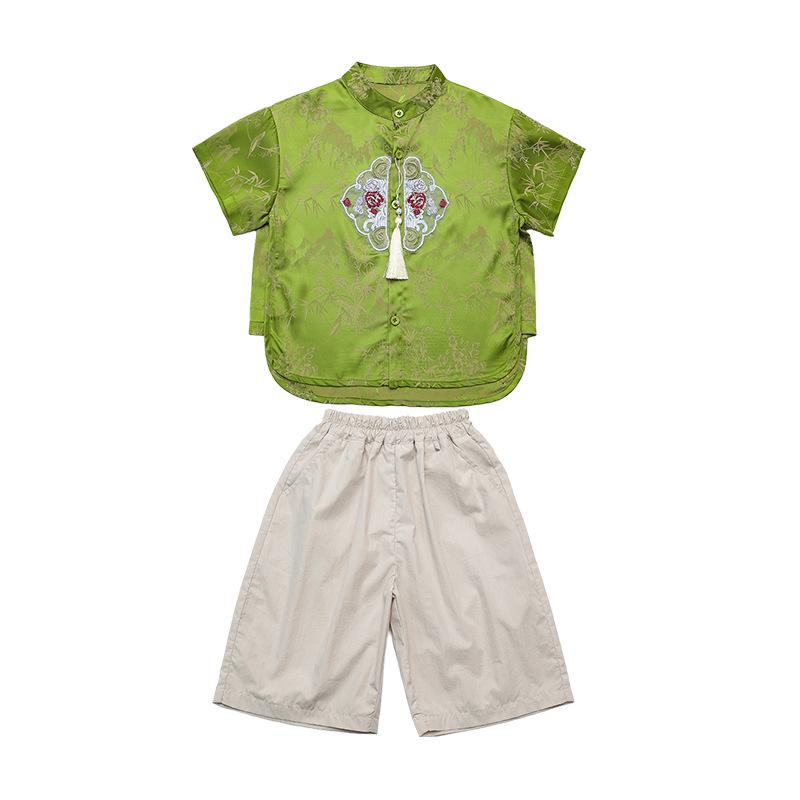Boys' Hanfu Tang Suit - Dragon Boat Festival 2026: Green Gem National Style Short Sleeve Set for Toddlers