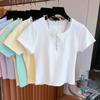 Női nyári rövid ujjú pólók koreai tiszta pamut egyszínű póló O nyakú csipke betétes crop top póló női alkalmi karcsúsított póló