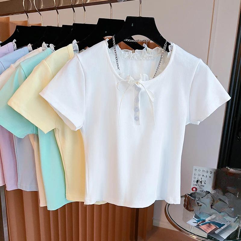 Női nyári rövid ujjú pólók koreai tiszta pamut egyszínű póló O nyakú csipke betétes crop top póló női alkalmi karcsúsított póló